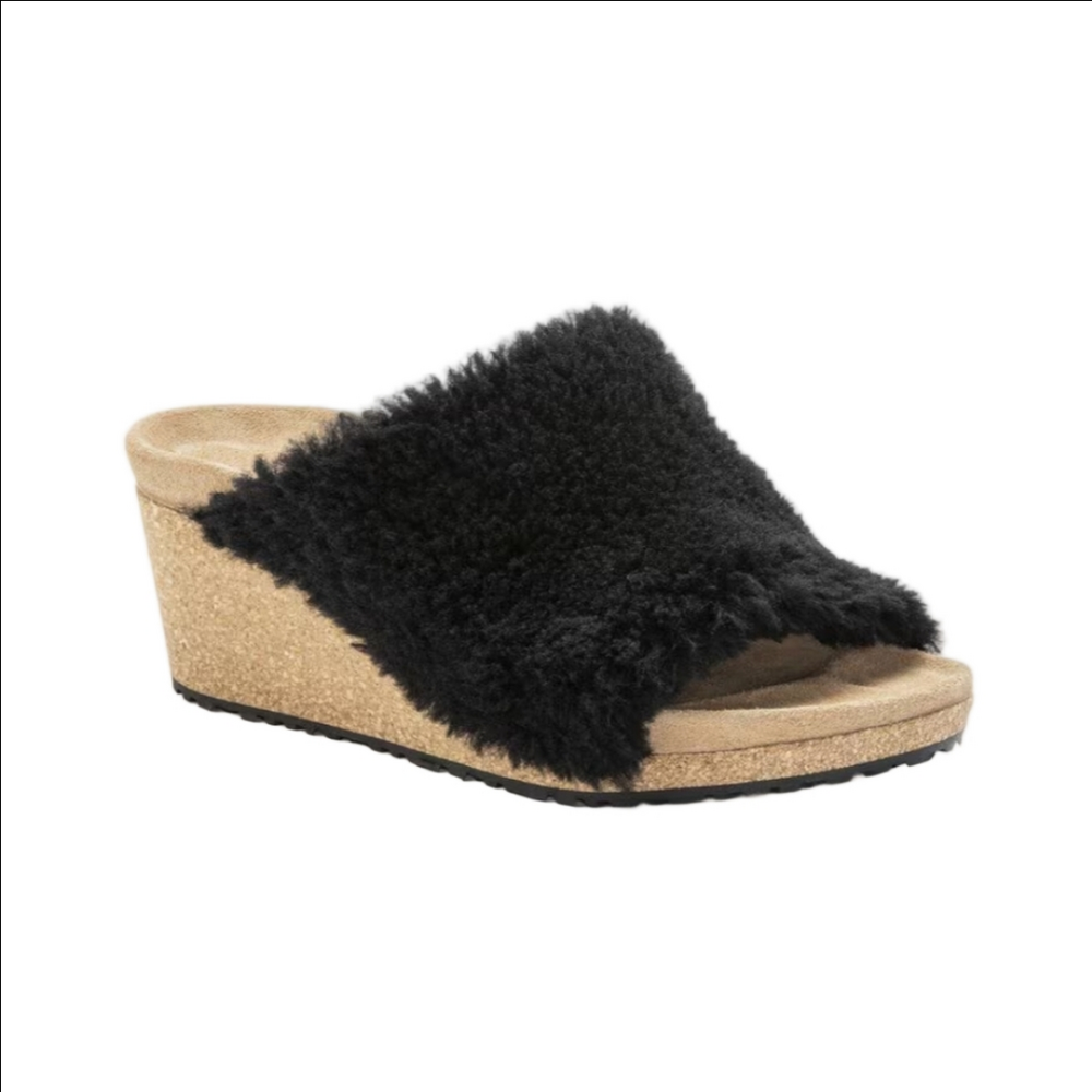 🆕 BIRKENSTOCK PAPILLIO "NAMICA" BLACK TEDDY SHEARLING WOOL OPEN TOE WEDGE MULES
